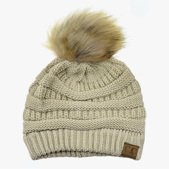 C.C. Beanie Solid Beige Color Slouchy Knit Stocking Cap with Faux Fur Pom Pom - Picture 2 of 5